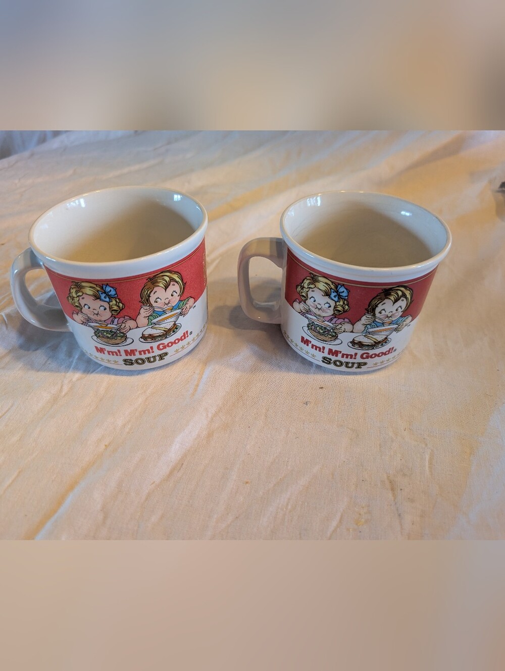 2/40$ Vintage Campbell's White and Red Cartoon Soup Mugs - Vintage Set of 2